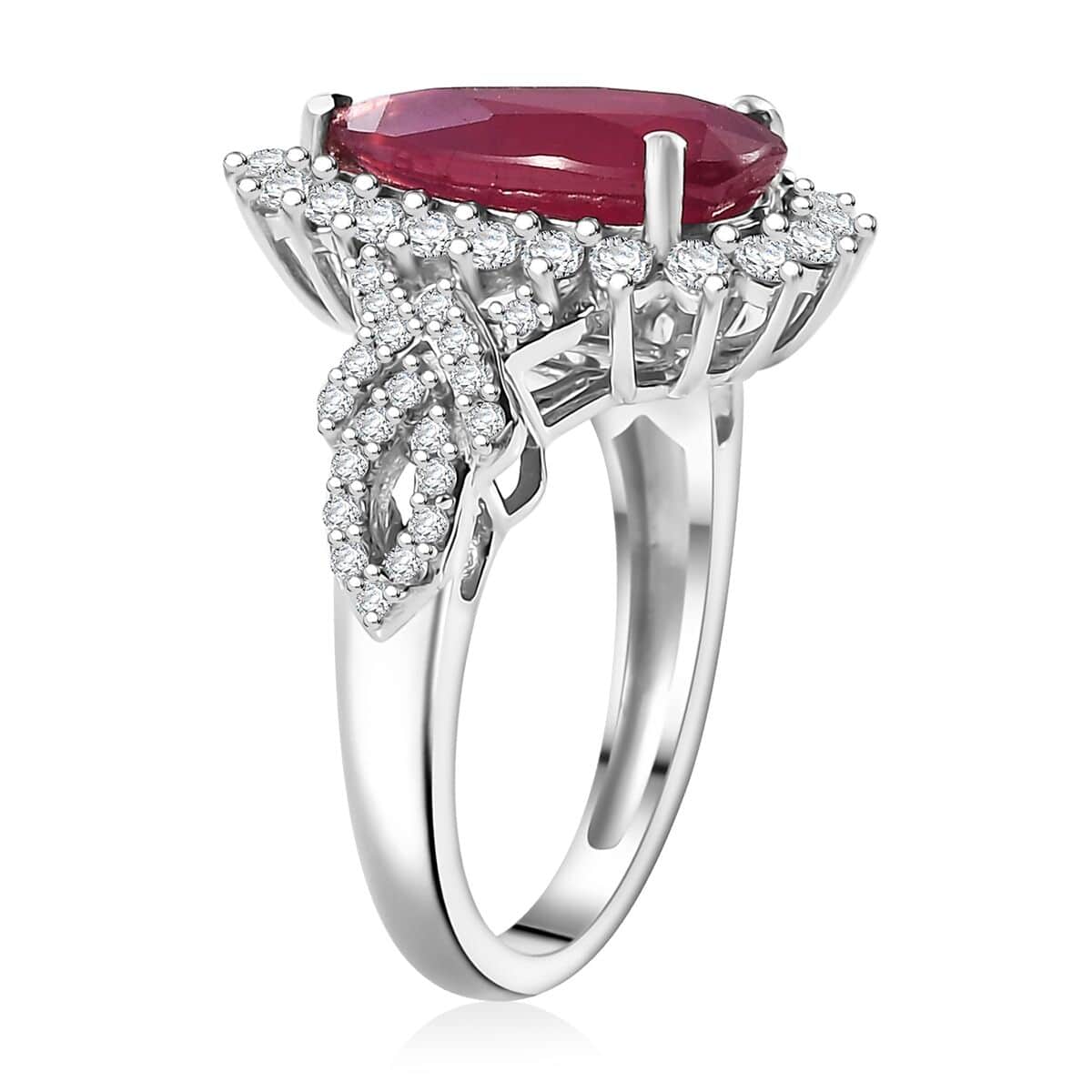 Doorbuster AAA Niassa Ruby (FF) and White Zircon 5.30 ctw Scarlet Flame Ring in Rhodium Over Sterling Silver (Size 10.0) image number 3