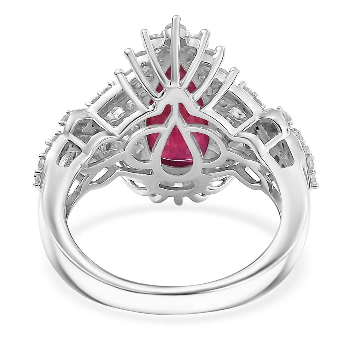 Doorbuster AAA Niassa Ruby (FF) and White Zircon 5.30 ctw Scarlet Flame Ring in Rhodium Over Sterling Silver (Size 10.0) image number 4