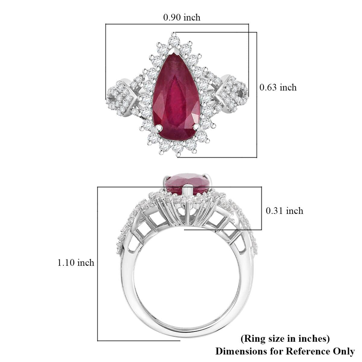 Doorbuster AAA Niassa Ruby (FF) and White Zircon 5.30 ctw Scarlet Flame Ring in Rhodium Over Sterling Silver (Size 10.0) image number 5