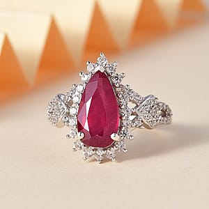 D'Joy AAA Niassa Ruby (FF) and White Zircon 5.30 ctw Scarlet Flame Ring in Rhodium Over Sterling Silver (Size 9.0)