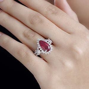 D'Joy AAA Niassa Ruby (FF) and White Zircon 5.30 ctw Scarlet Flame Ring in Rhodium Over Sterling Silver (Size 9.0)