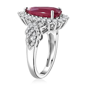 D'Joy AAA Niassa Ruby (FF) and White Zircon 5.30 ctw Scarlet Flame Ring in Rhodium Over Sterling Silver (Size 9.0)