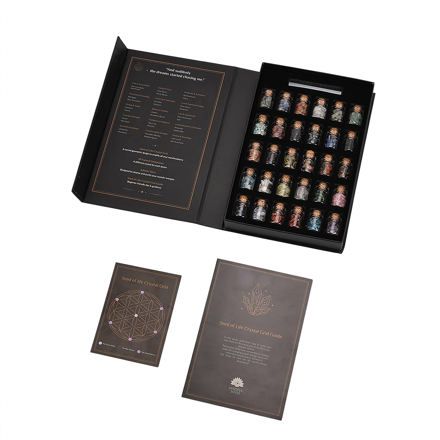 30pcs Gemstone Kit Set - 30 Natural Gemstone Bottles, 1pc Selenite Stick, 1pc Crystal Grid, 1pc Insert Card, Magnetic Gift Box