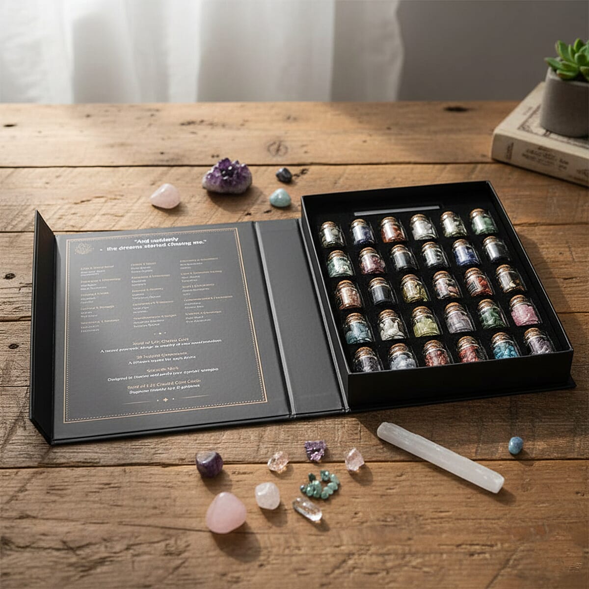 30pcs Gemstone Kit Set - 30 Natural Gemstone Bottles, 1pc Selenite Stick, 1pc Crystal Grid, 1pc Insert Card, Magnetic Gift Box image number 1