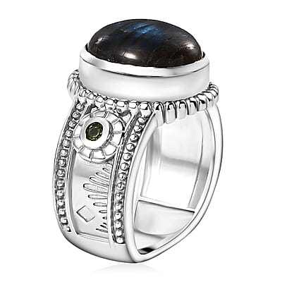 Karis Malagasy Labradorite and Chrome Diopside 5.75 ctw Art Deco Ring in Platinum Bond (Size 10.0)