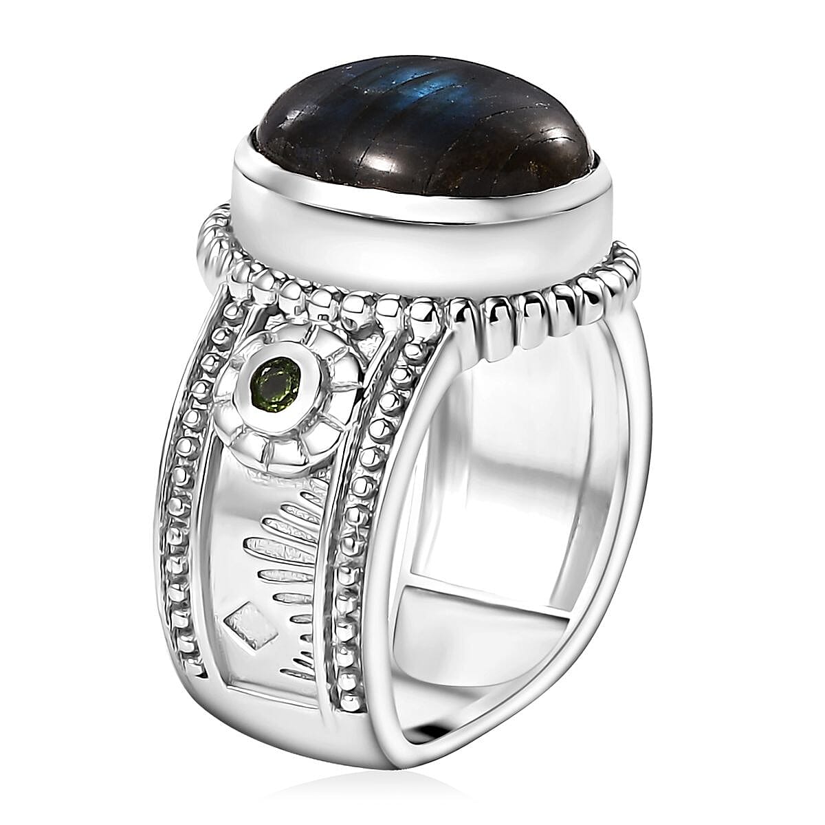 Karis Malagasy Labradorite and Chrome Diopside 5.75 ctw Art Deco Ring in Platinum Bond (Size 7.0) image number 4