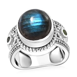 Karis Malagasy Labradorite and Chrome Diopside 5.75 ctw Art Deco Ring in Platinum Bond (Size 9.0)
