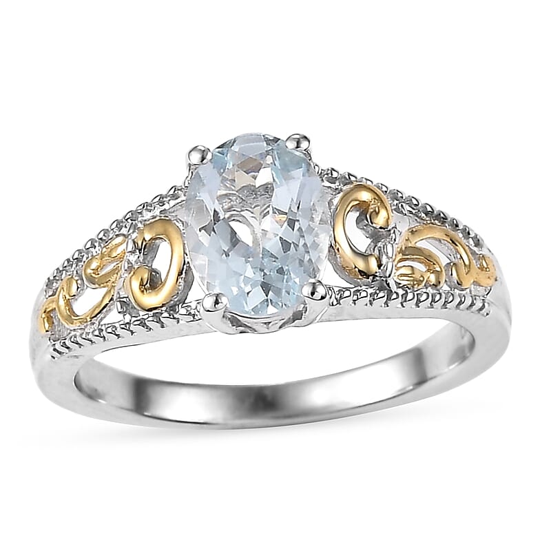 D'Joy Mangoro Aquamarine 1.10 ctw Solitaire Ring in 18K Vermeil YG and Rhodium Over Sterling Silver (Size 10.0)