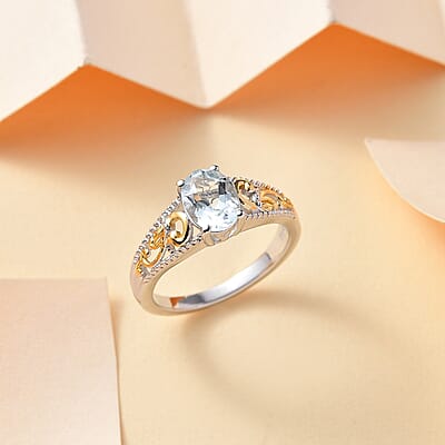 D'Joy Mangoro Aquamarine 1.10 ctw Solitaire Ring in 18K Vermeil YG and Rhodium Over Sterling Silver (Size 10.0)