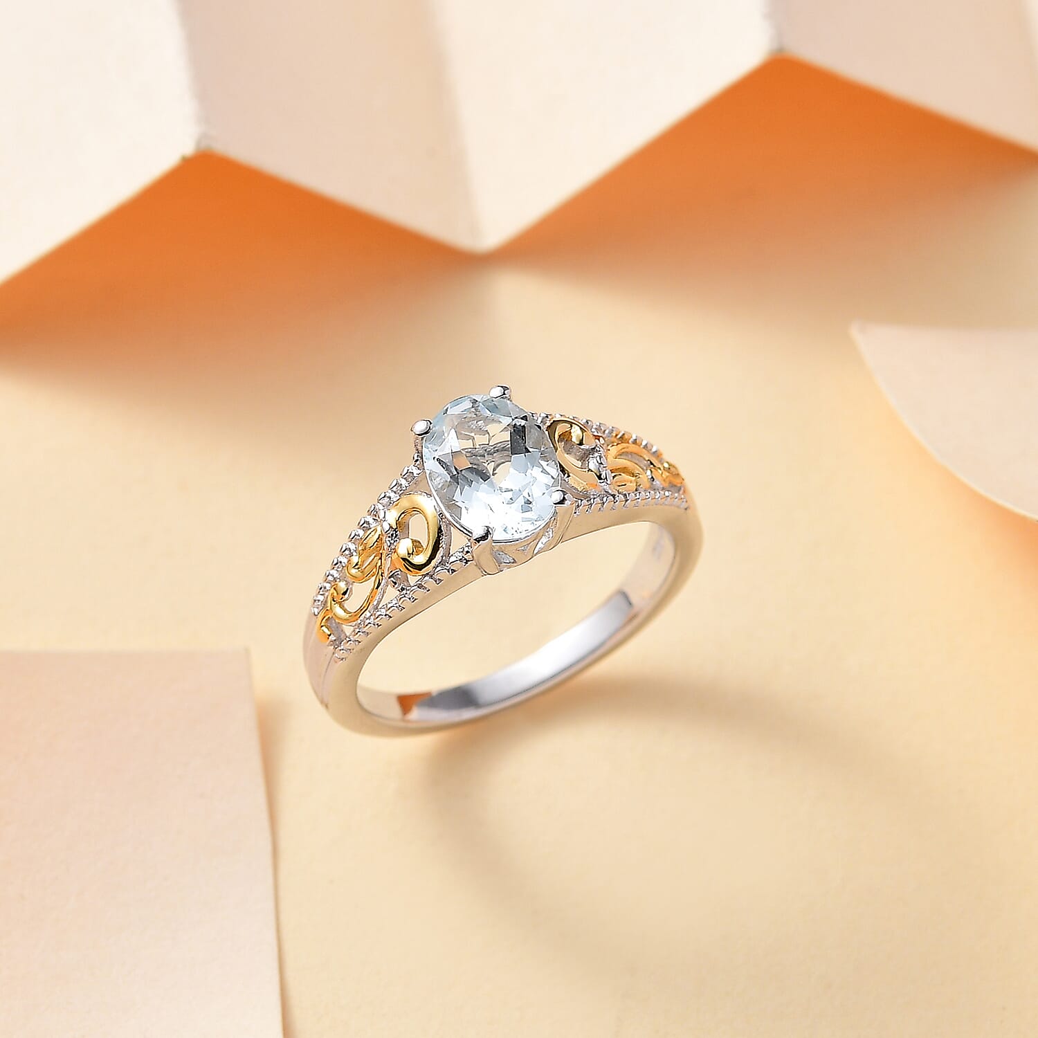 Mangoro Aquamarine Solitaire Ring in 18K Vermeil YG and Rhodium Over Sterling Silver (Size 10.0) 1.10 ctw
