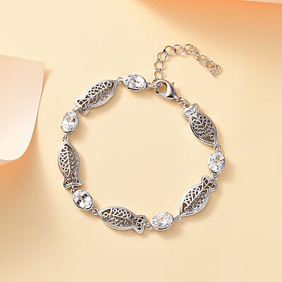 Lab Created White Sapphire 5.40 ctw Fish Bracelet in Platinum Over Copper with Magnet (6.50-8.00In)