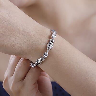 Lab Created White Sapphire 5.40 ctw Fish Bracelet in Platinum Over Copper with Magnet (6.50-8.00In)