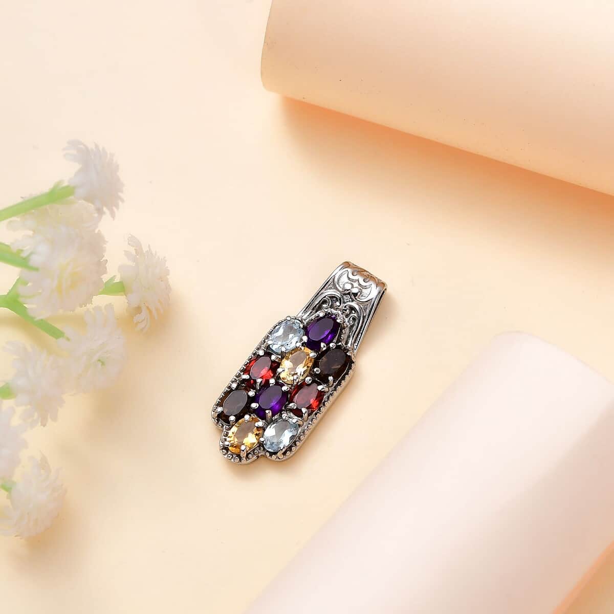 Multi Gemstone 4.60 ctw Pendant in Stainless Steel image number 1