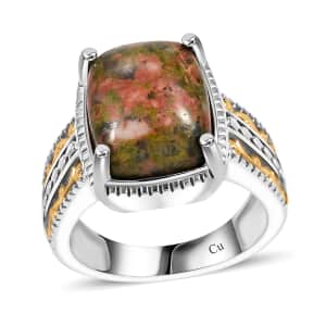 Unakite 6.85 ctw Solitaire Ring in 14K YG Over and Platinum Over Copper with Magnet (Size 10.0)