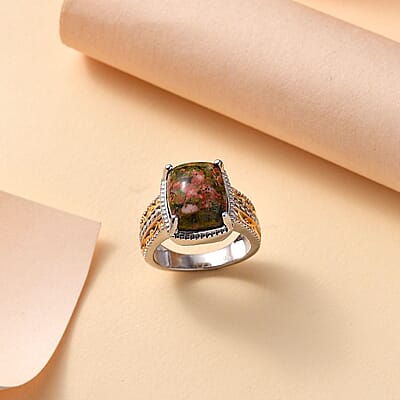 Unakite 6.85 ctw Solitaire Ring in 14K YG Over and Platinum Over Copper with Magnet (Size 10.0)