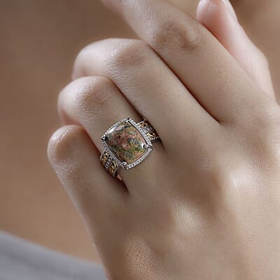 Unakite 6.85 ctw Solitaire Ring in 14K YG Over and Platinum Over Copper with Magnet (Size 10.0)
