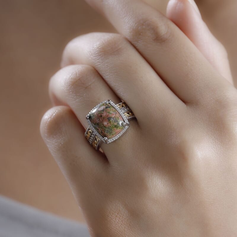 Unakite 6.85 ctw Solitaire Ring in 14K YG Over and Platinum Over Copper with Magnet (Size 10.0)