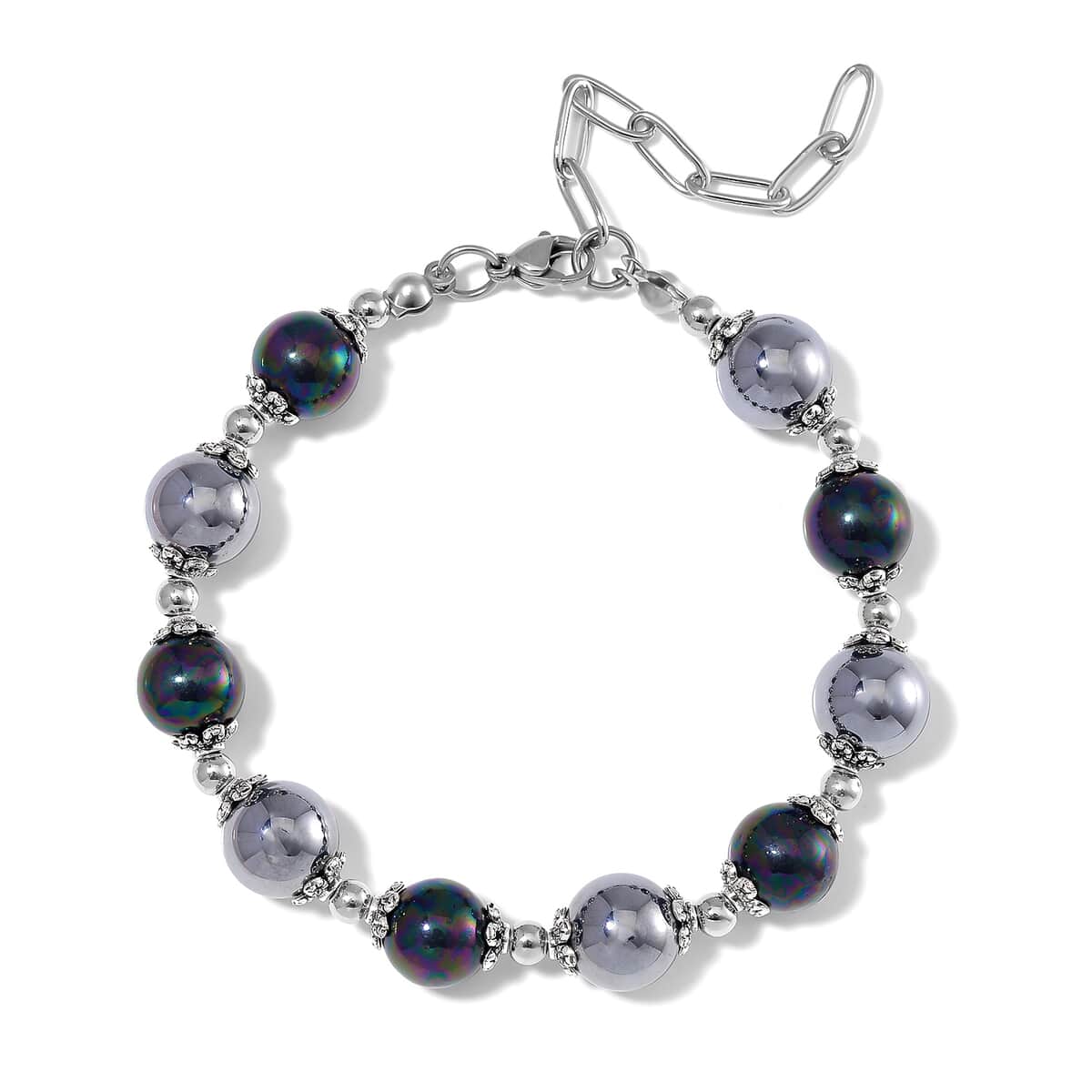 Terahertz 35.00 ctw and Peacock Color Shell Pearl Bracelet in Stainless Steel (7.5-9.5In) image number 0