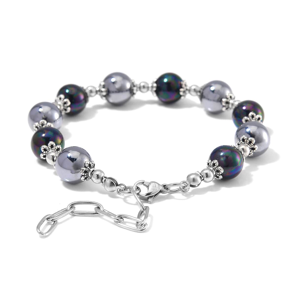 Terahertz 35.00 ctw and Peacock Color Shell Pearl Bracelet in Stainless Steel (7.5-9.5In) image number 3