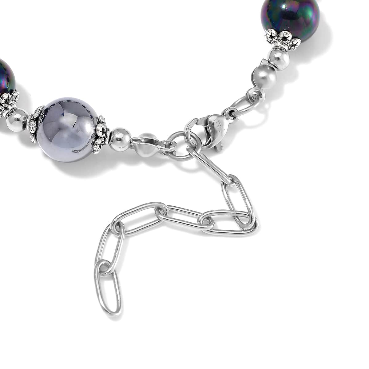 Terahertz 35.00 ctw and Peacock Color Shell Pearl Bracelet in Stainless Steel (7.5-9.5In) image number 4