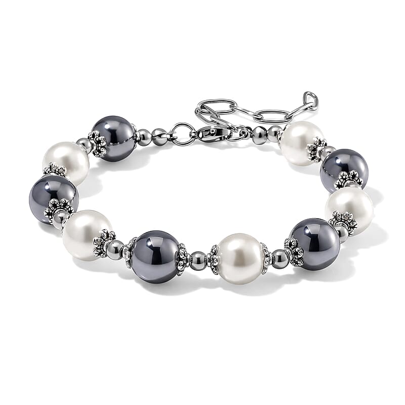 Terahertz 35.00 ctw and White Color Shell Pearl Bracelet in Stainless Steel (7.5-9.5In)