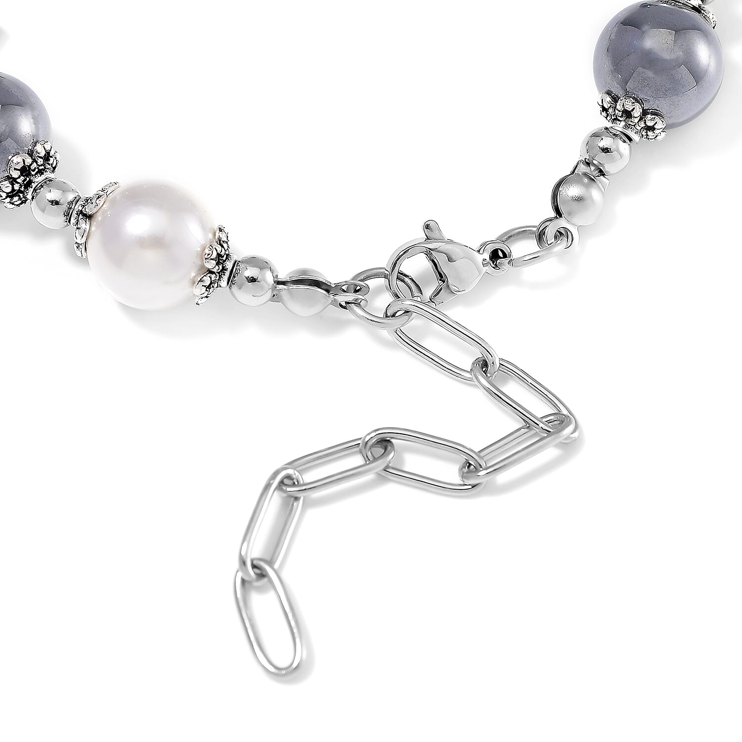 Terahertz 35.00 ctw and White Color Shell Pearl Bracelet in Stainless Steel (7.5-9.5In)