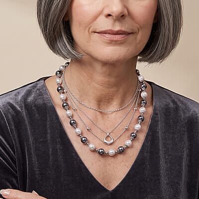 Terahertz 50.00 ctw and White Color Shell Pearl Necklace in Stainless Steel 20-22 Inches