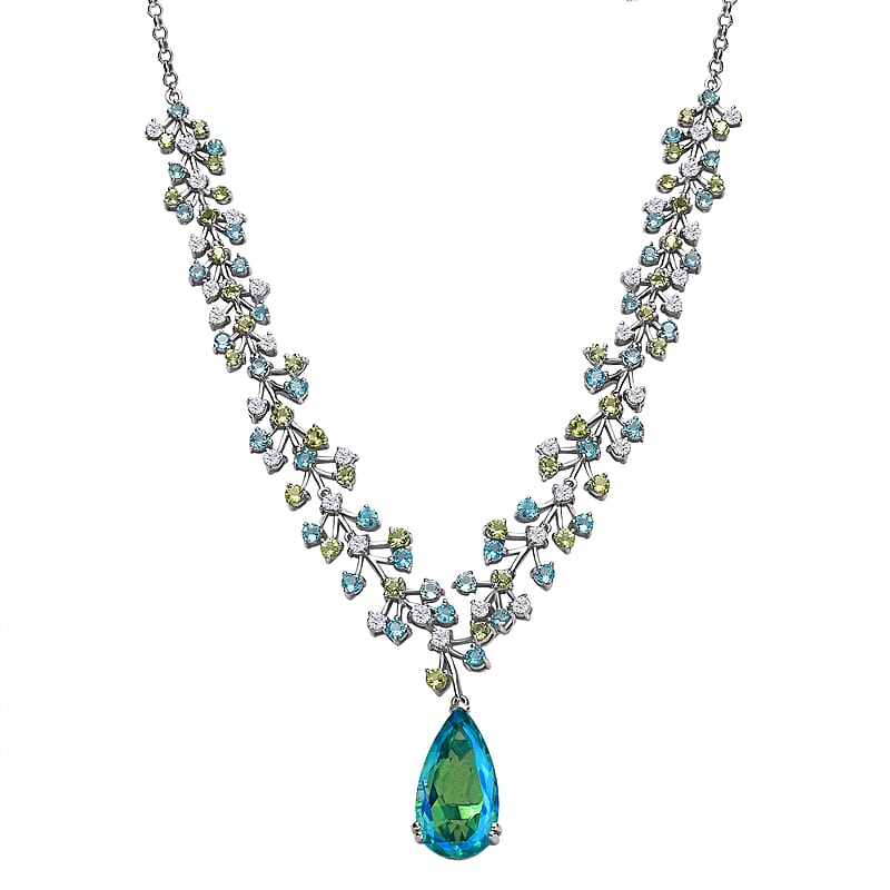 D'Joy Peacock Quartz (Triplet) and Multi Gemstone 27.00 ctw Garden Oasis Necklace in Rhodium Over Sterling Silver 18-20 Inches