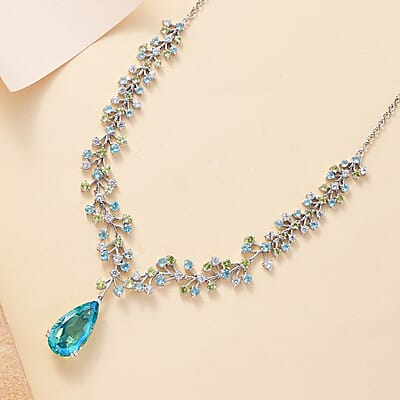 D'Joy Peacock Quartz (Triplet) and Multi Gemstone 27.00 ctw Garden Oasis Necklace in Rhodium Over Sterling Silver 18-20 Inches