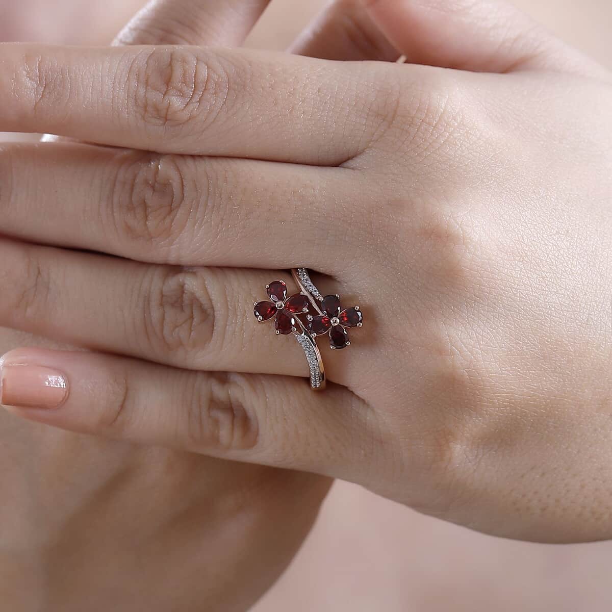 Premium Anthill Garnet and White Zircon 1.65 ctw Bypass Floral Ring in 18K Vermeil Rose Gold Over Sterling Silver (Size 10.0) image number 2