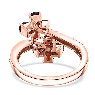 Premium Anthill Garnet and White Zircon 1.65 ctw Bypass Floral Ring in 18K Vermeil Rose Gold Over Sterling Silver (Size 10.0)