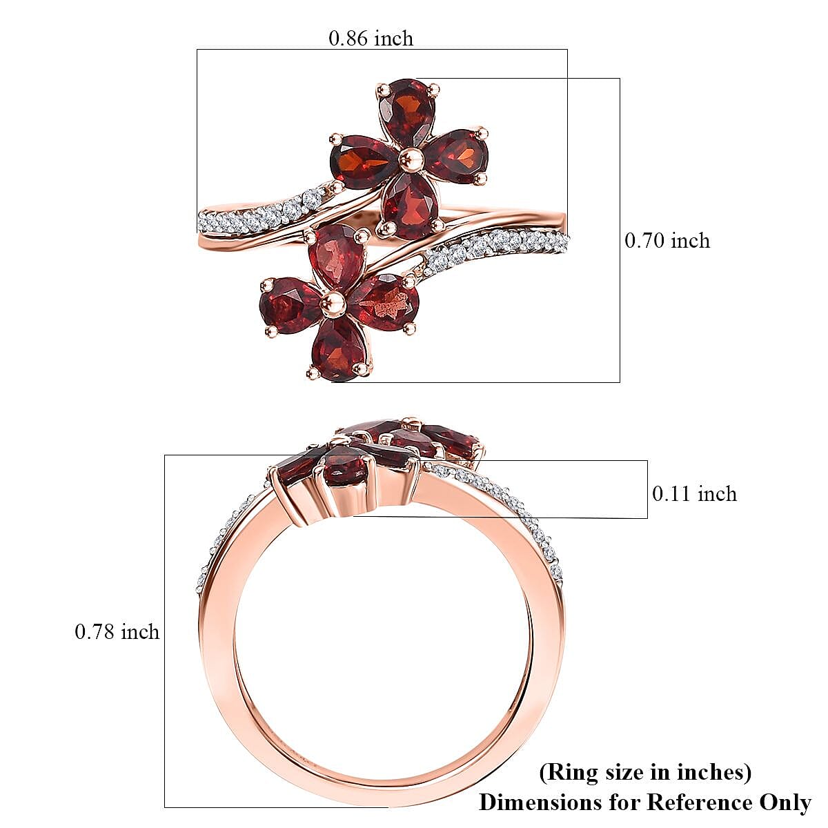 Premium Anthill Garnet and White Zircon 1.65 ctw Bypass Floral Ring in 18K Vermeil Rose Gold Over Sterling Silver (Size 10.0)
