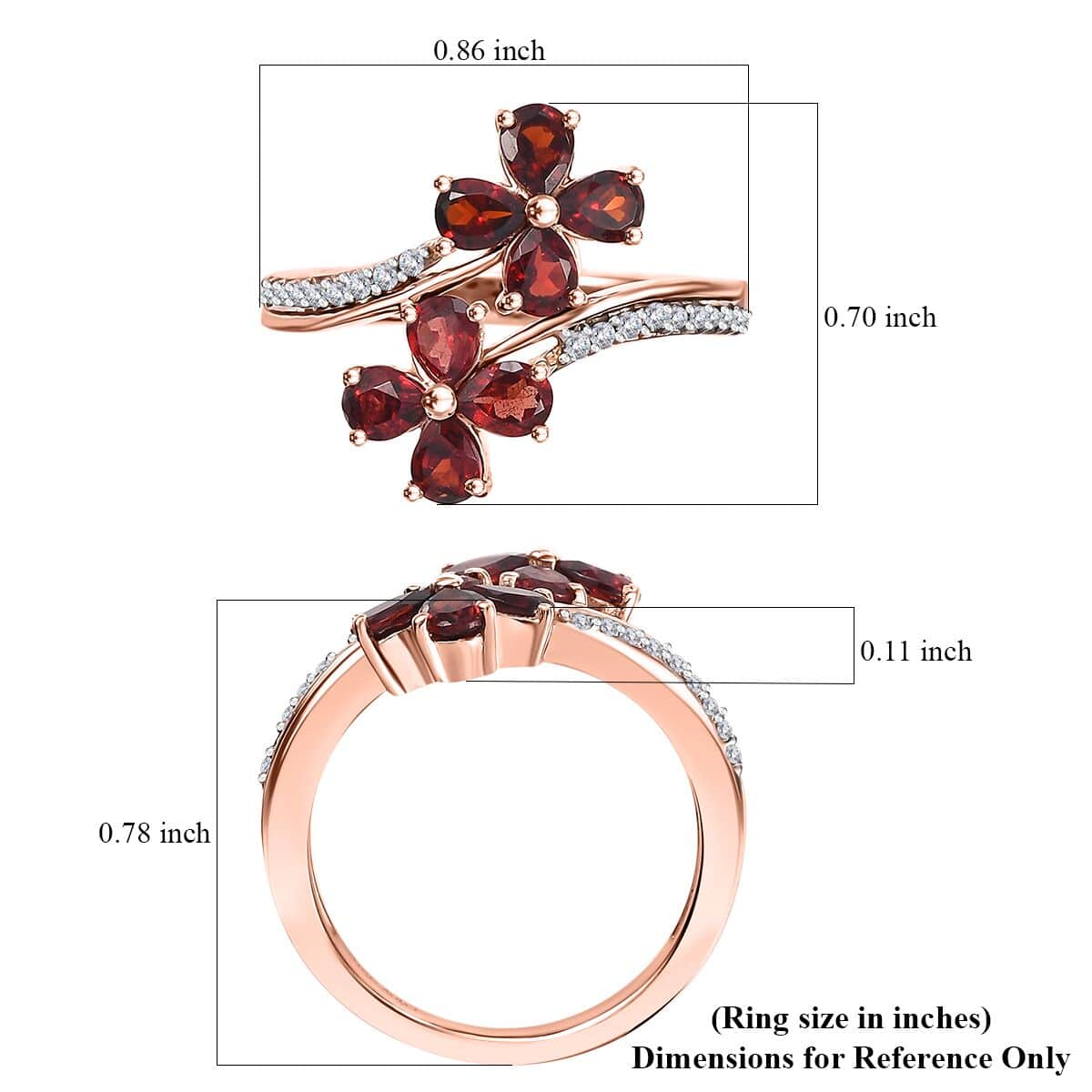 Premium Anthill Garnet and White Zircon 1.65 ctw Bypass Floral Ring in 18K Vermeil Rose Gold Over Sterling Silver (Size 10.0) image number 5