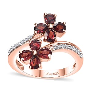 Premium Anthill Garnet and White Zircon 1.65 ctw Bypass Floral Ring in 18K Vermeil Rose Gold Over Sterling Silver (Size 9.0)
