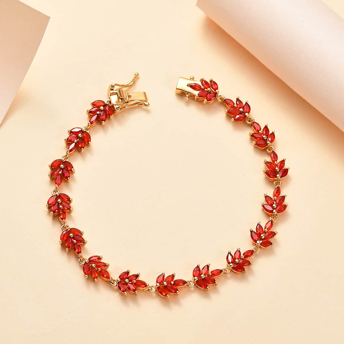 Mexican Cherry Fire Opal 4.60 ctw Autumn Leaf Bracelet in 18K Vermeil Yellow Gold Over Sterling Silver (7.25 In) image number 1