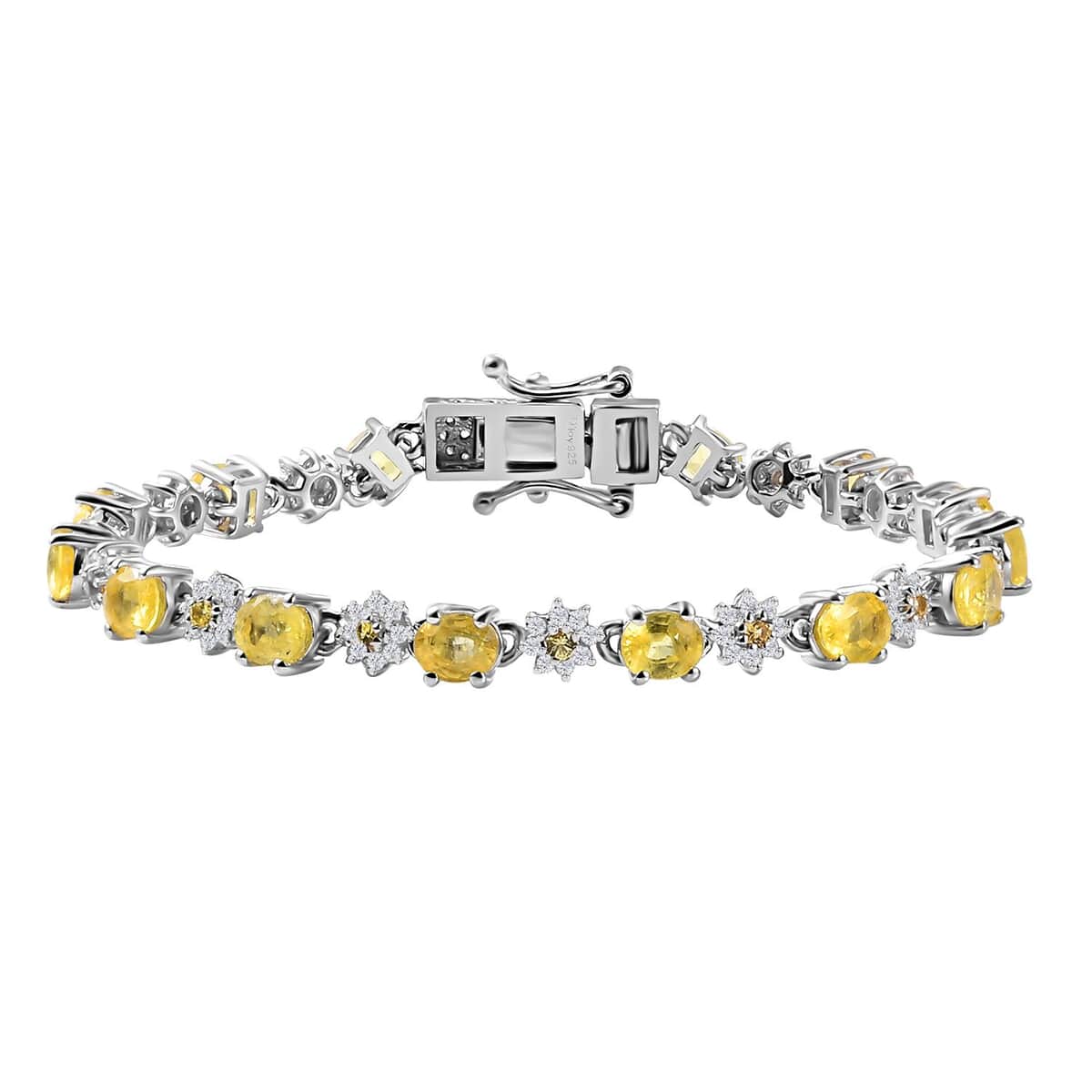 Madagascar Yellow Sapphire and Moissanite 8.35 ctw Flower Bracelet in Rhodium Over Sterling Silver (6.50 In) image number 0