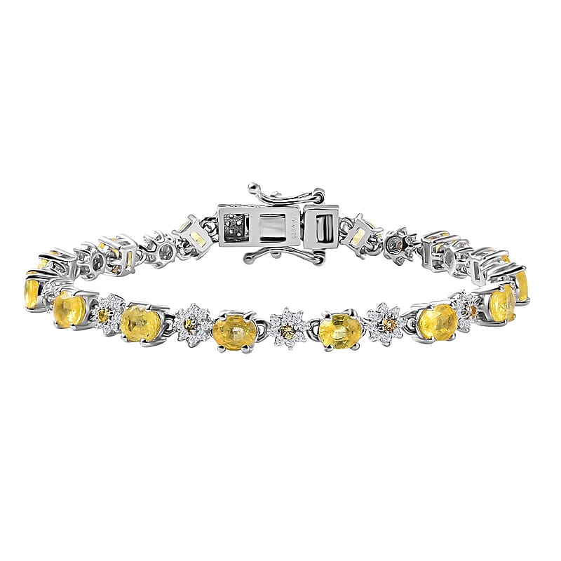 D'Joy Madagascar Yellow Sapphire and Moissanite 8.35 ctw Flower Bracelet in Rhodium Over Sterling Silver (6.50 In)