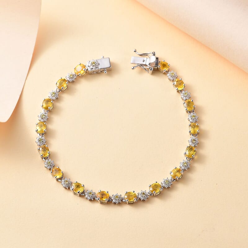 D'Joy Madagascar Yellow Sapphire and Moissanite 8.35 ctw Flower Bracelet in Rhodium Over Sterling Silver (6.50 In)