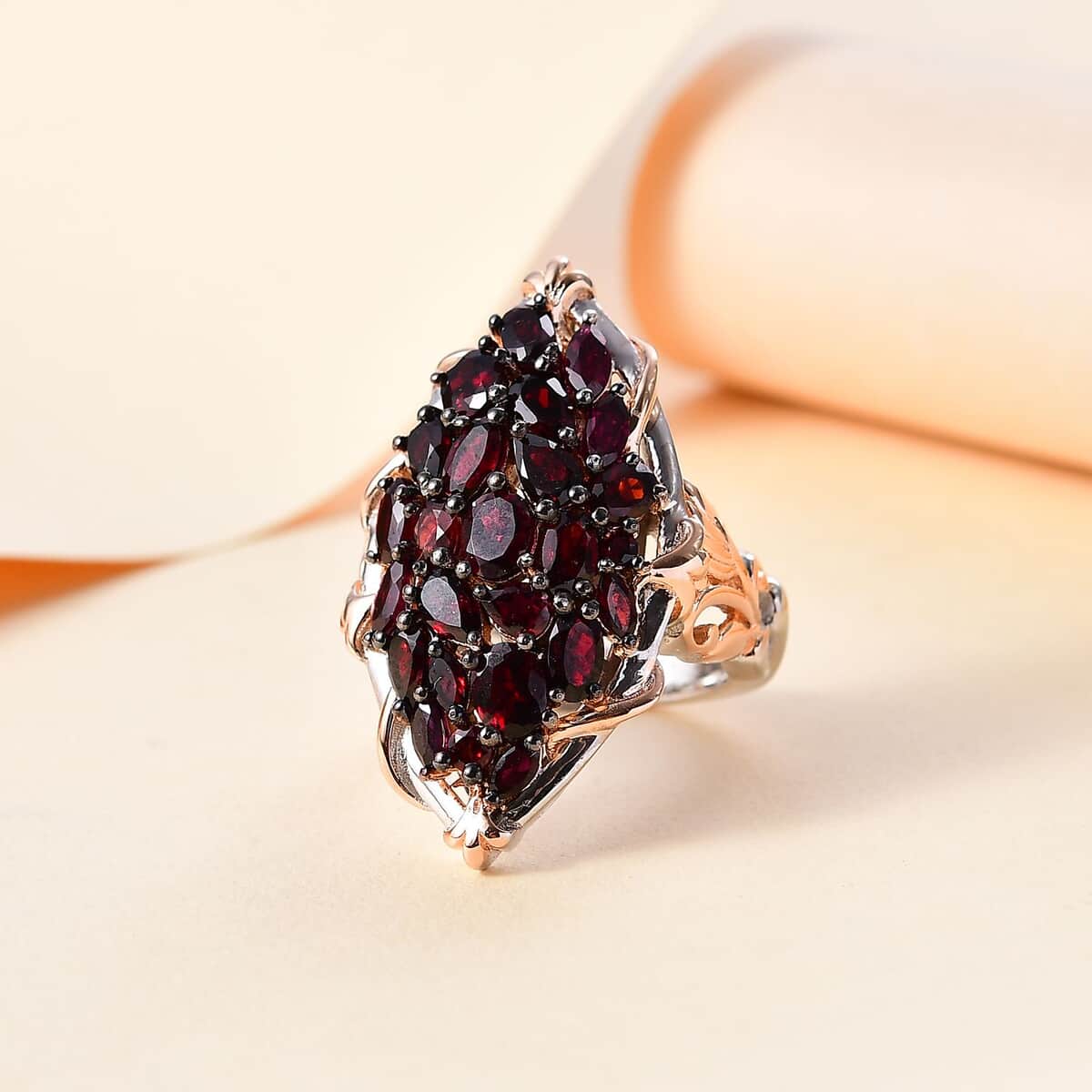 Premium Anthill Garnet 5.60 ctw Crimson Vine Flame Ring in Vermeil RG and Rhodium Over Sterling Silver image number 1