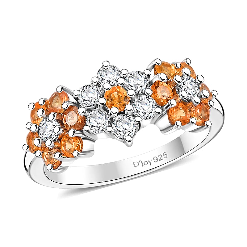 Madagascar Yellow Sapphire and Moissanite 1.50 ctw Three Flower Ring in Rhodium Over Sterling Silver (Size 10.0)