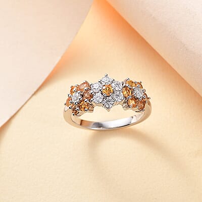 Madagascar Yellow Sapphire and Moissanite 1.50 ctw Three Flower Ring in Rhodium Over Sterling Silver (Size 10.0)