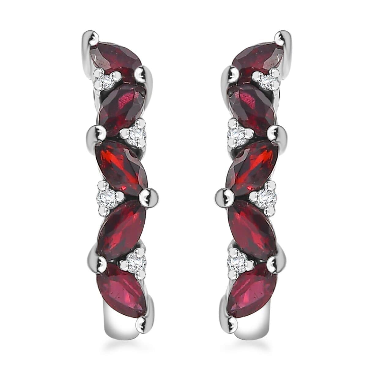 Premium Anthill Garnet and White Zircon 2.10 ctw J-Hoop Earrings in Rhodium Over Sterling Silver image number 0