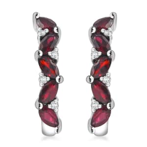 Premium Anthill Garnet and White Zircon 2.10 ctw J-Hoop Earrings in Rhodium Over Sterling Silver