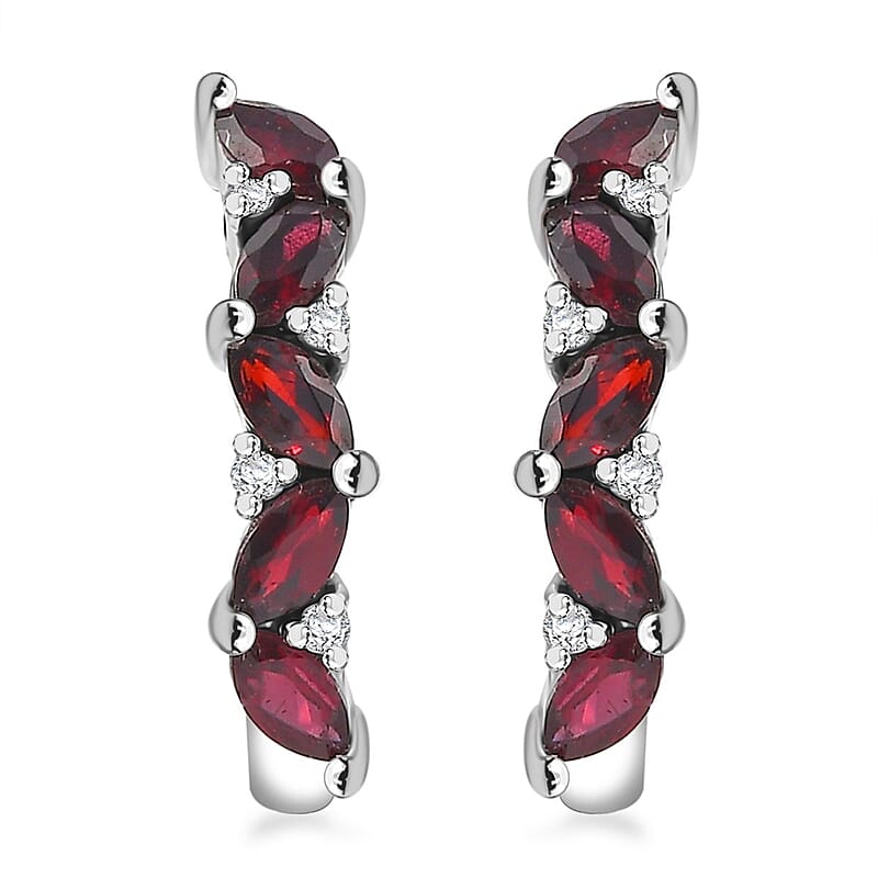 D'Joy Premium Anthill Garnet and White Zircon 2.10 ctw J-Hoop Earrings in Rhodium Over Sterling Silver