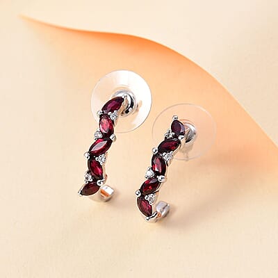 D'Joy Premium Anthill Garnet and White Zircon 2.10 ctw J-Hoop Earrings in Rhodium Over Sterling Silver