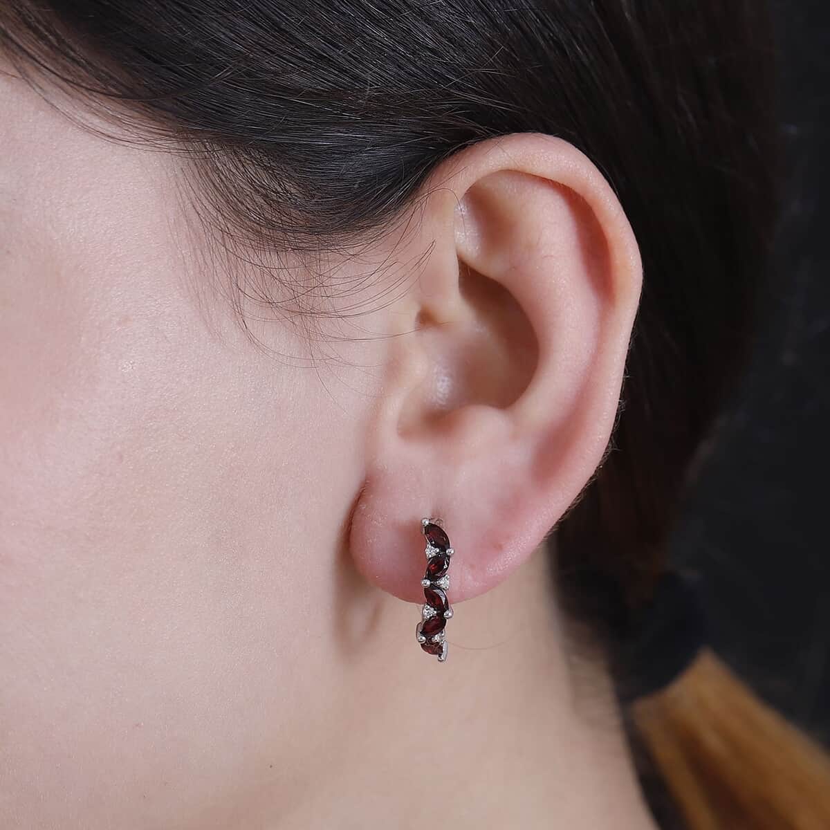 Premium Anthill Garnet and White Zircon 2.10 ctw J-Hoop Earrings in Rhodium Over Sterling Silver image number 2