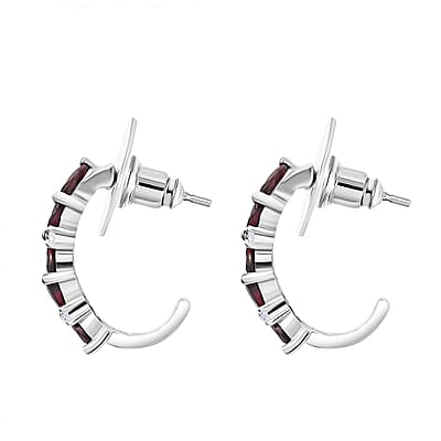 D'Joy Premium Anthill Garnet and White Zircon 2.10 ctw J-Hoop Earrings in Rhodium Over Sterling Silver