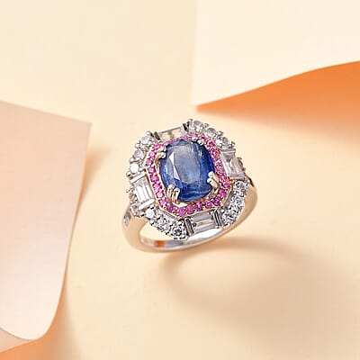 D'Joy Kashmir Kyanite and Multi Gemstone 5.90 ctw Royal Elegance Ring in Rhodium Over Sterling Silver (Size 7.0)