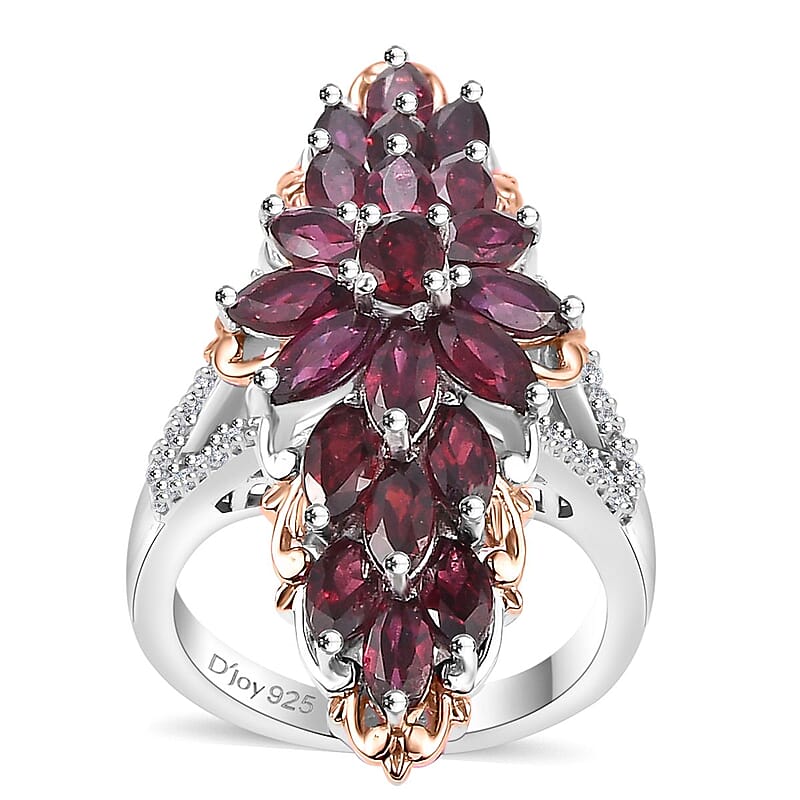 Premium Anthill Garnet and White Zircon 4.65 ctw Elongated Ring in Vermeil RG and Rhodium Over Sterling Silver (Size 10.0)