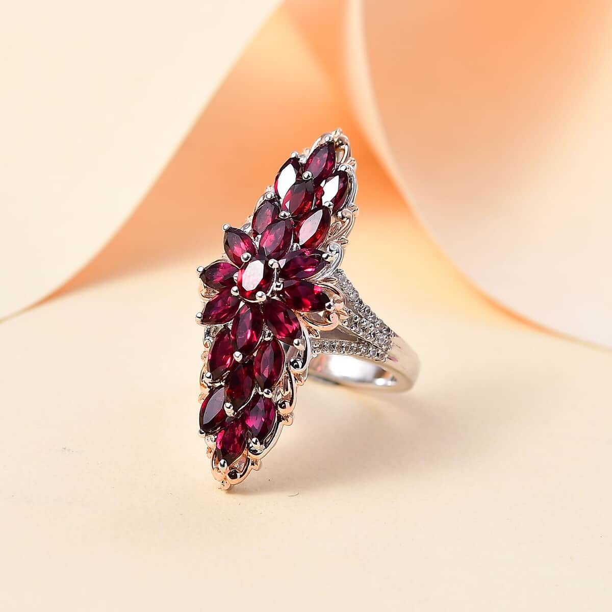 Premium Anthill Garnet and White Zircon 4.65 ctw Elongated Ring in Vermeil RG and Rhodium Over Sterling Silver (Size 10.0) image number 1